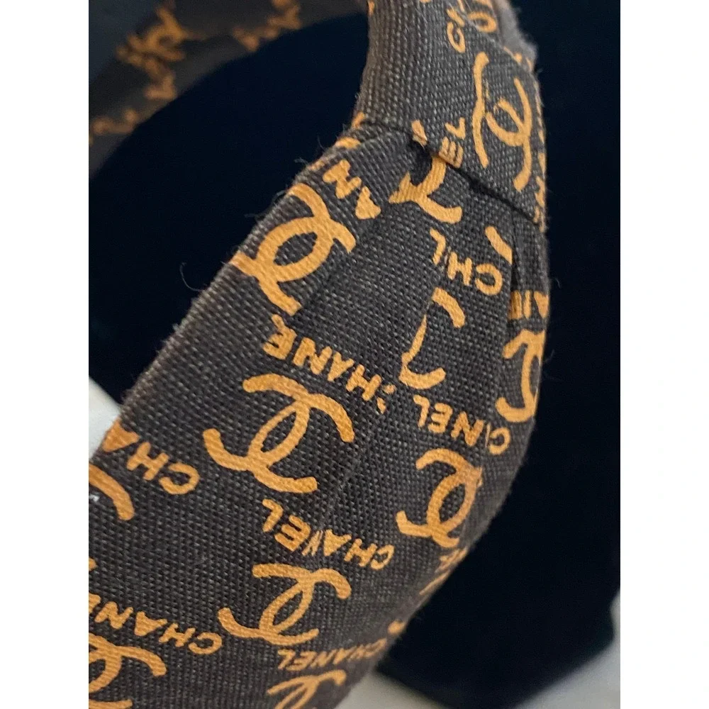 Brown Canvas Logo Print Knotted Headband Gold Tone Motif Accessory